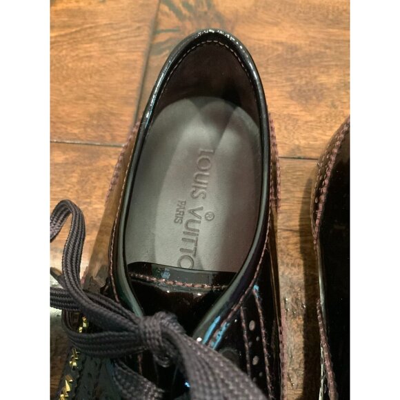 Louis Vuitton Burgundy Patent Leather Lace-Up Wingtip Flats Shoes, Size 37 / 7 - Picture 4 of 9